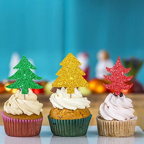 24 ADET Noel Ağacı Cupcake Toppers, Çocuklar için Merry Christmas Cupcake Topper, Noel Partisi Gıda Seçtikleri, Ev Partisi Dekorasyon-Altın