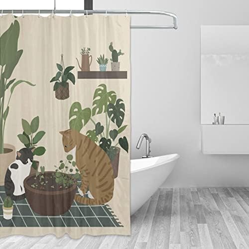 Güzel Kediler Duş Perdeleri Yeşil Bitkiler duş perdesi Kumaş banyo Perdesi Dayanıklı Su Geçirmez Banyo Duş Perdesi 60x72 in