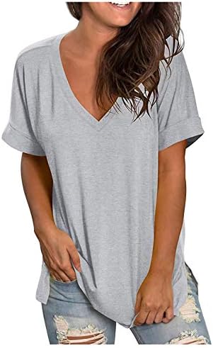 Kadın egzersiz gömlek rahat konfor v yaka T-Shirt katı cep gevşek uygun kısa kollu Tops