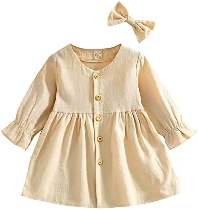 VİSGOGO Bebek Çocuk Kız Elbise Kıyafet Düz Renk Uzun Kollu Tek Göğüslü Elbise + Kafa Bandı 2 Adet Giysi