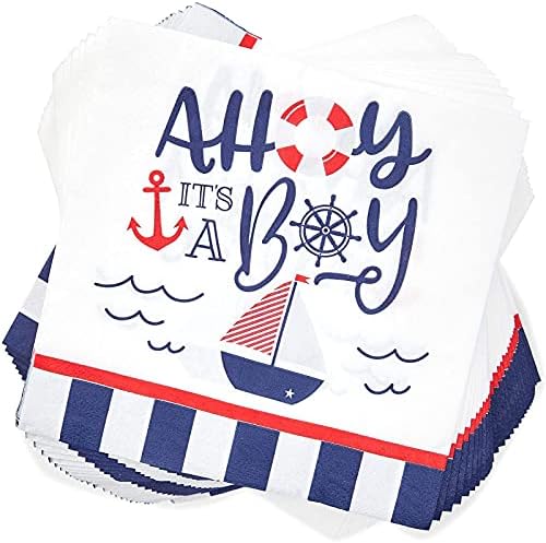 Bebek Duş Partisi için Denizcilik Kağıt Peçeteler (6,5 x 6,5 İnç, 100 Paket)