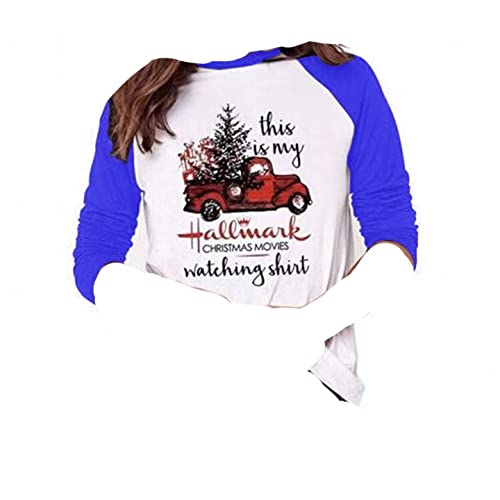 Noel Raglan T-Shirt Kadınlar için 3/4 Kollu Kamyon Mektup Baskı Kazak Kazak Yuvarlak Boyun Beyzbol Tee pamuklu bluz (Red1, Küçük)