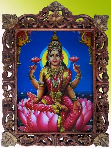 Tanrıça Laxmi Oturan Lotus Çiçek ve Duş Para Posteri Boyama Ahşap El Sanatları El Sanatları Fotoğraf Çerçevesi