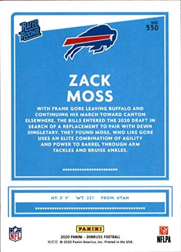 2020 Donruss Futbol 330 Zack Moss RC Çaylak Kartı Buffalo Bills Puan Çaylak Resmi NFL Ticaret Kartı Ham durumda (NM veya Daha
