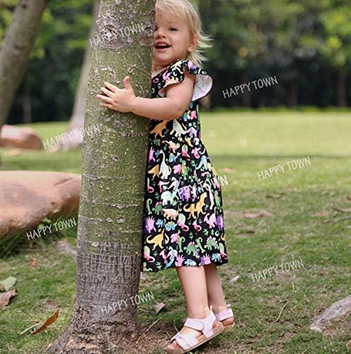 Mutlu Kasaba Çocuklar Bebek Kız Dinozor Elbise Elbise Fly Fırfır Kollu Dinozor Tutu Etek Sundress Yaz rahat Elbise