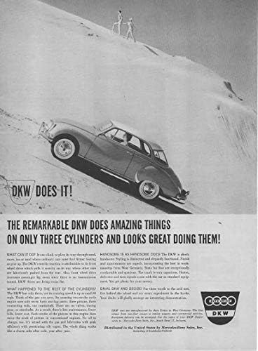 3 Dergi Baskı Reklam Seti: 1960 DKW kompakt önden çekişli salon, 900 cc, Batı Almanya'dan 2 Kapılı DKW Üç Silindirde Saatte 70