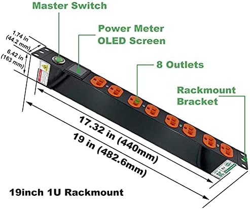 1U Ölçülü PDU Raf Montaj Güç Dağıtım Üniteleri, 110-250 V/ 16A 8 Çıkışları NEMA 5-20R Anahtarlamalı PDU, rafa PDU Dalgalanma