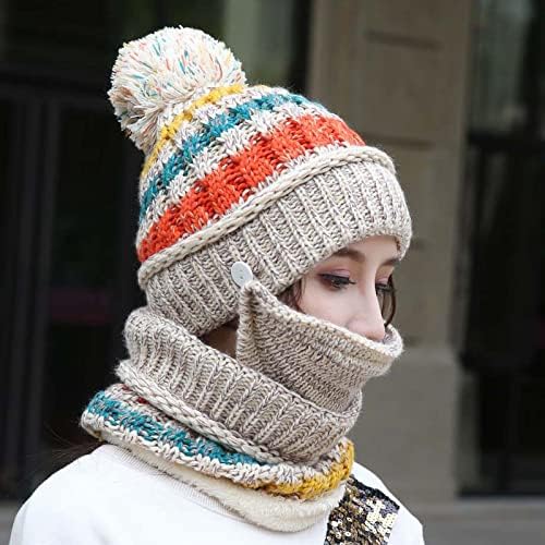 Bayan kış şapka Polar astarlı örme şapka ponpon bej ile kadınlar Beanie eşarp maske seti için