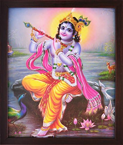 El Sanatları Mağazası Lord Krishna, Nehir Ucunda Flüt Çalma Pratiği Yapıyor, Çerçeveli Dekoratif bir Dini Poster