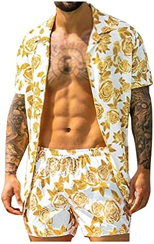 XJJZS erkek Yaz Seti, Yaz Baskı Kısa Kollu Yaka Gömlek plaj şortu Rahat erkek Giyim (Renk: Sarı, Boyut: L kodu)