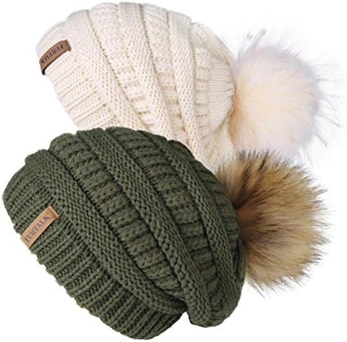 FURTALK Bayan Kış Örgü Hımbıl Bere Şapka-2 Paketleri-Sıcak Kafatası Kayak Kap Faux Kürk Pom Pom Şapka Kadınlar için