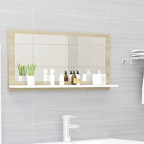 yeacher Banyo Aynası Beyaz ve Sonoma Meşe 31.5 inç ×4.1 inç ×14.6 inç, Pürüzsüz Yüzeyli Sunta Kullanarak, Çevre Dostu Malzeme
