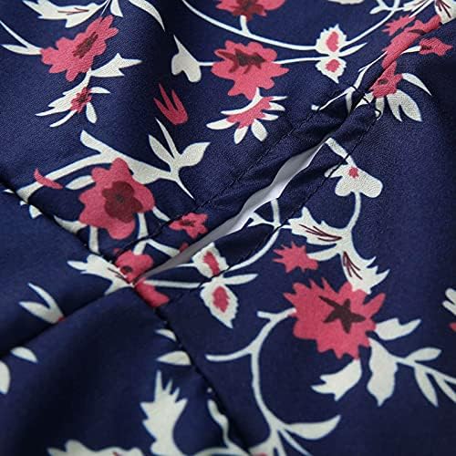 Reokoou Bayan Çiçek Baskı Mini Elbise Fırfır Kısa Kollu V Yaka Kravat Bel Boho Yaz Rahat Plaj Yensiz