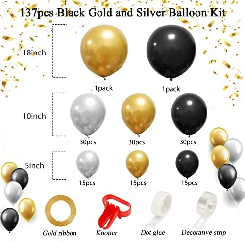 RUBFAC 137 pcs Siyah Altın ve Gümüş Balon Çelenk Kemer Kiti Metalik Altın Krom Gümüş için Düğün, Mezuniyet, Doğum Günü ve Piknik
