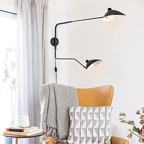 Modern 2-Lights salıncak kolu duvar aplik Plug in Dönebilen Siyah duvar ışıkları ile On/Off Kordon için Yatak odası, oturma Odası