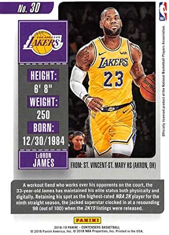 2018-19 Panini Yarışmacıları Sezon Bileti Basketbol 30 LeBron James Los Angeles Lakers Resmi NBA Ticaret Kartı Ham (NM veya