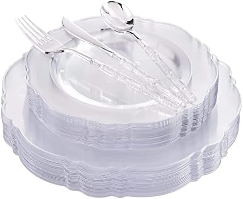 JJWC 50 Pcs Sofra Şeffaf Gümüş Plastik Plaka ile Glitter Gümüş Düğün ve Partiler için Uygun (Renk: Bir)