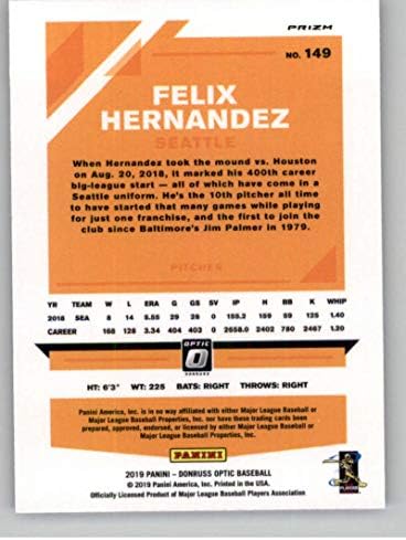 2019 Donruss Optik Pembe Holo Prizm Beyzbol 149 Felix Hernandez Seattle Mariners Resmi MLBPA Ticaret Kartı Panini Amerika'dan
