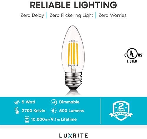 Luxrite 5 W Vintage E26 Şamdan LED Ampuller 60 W Eşdeğer, 550 Lümen, 2700 K Sıcak Beyaz Dim, orta Taban Şamdan Ampul, Torpido