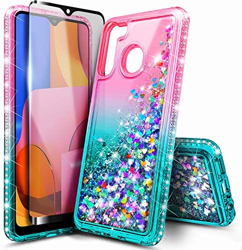 E-Başladı Temperli Cam Ekran Koruyucu ile Samsung Galaxy A21, Glitter Akan Sıvı Yüzen Quicksand Köpüklü Bling Elmas, Kızlar Çocuklar