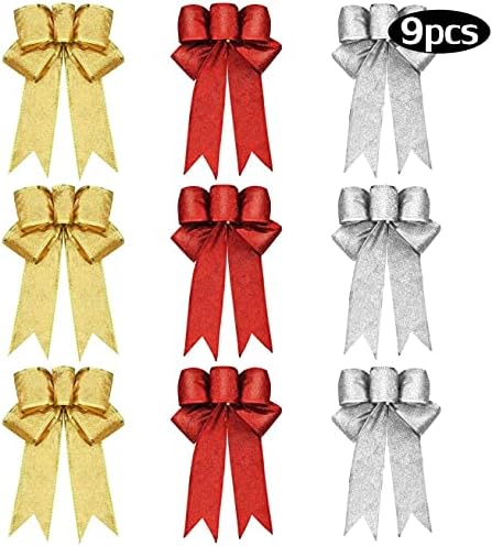 Bimkole 9 Parça 9 İnç Glitter Noel Yaylar Noel Çelenk Yay Noel Ağacı Süsler Noel Partisi Dekorasyon için 3 Renkler(Altın Gümüş