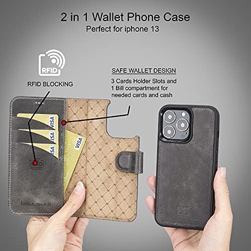 Bouletta iPhone için kılıf 13 Pro-Hakiki deri cüzdan Folio Kılıfları Manyetik Ayrılabilir RFID Engelleme Magsafe Flip halkalı