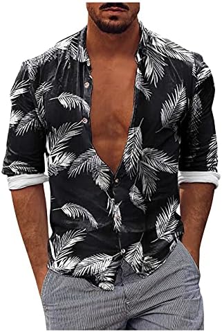 ZHDD Hawaiian Gömlek Mens ıçin, Güz Yaz erkek Düğme Aşağı Yapraklar Boho Baskılı Rahat-fit Casual Plaj Gömlek Tops
