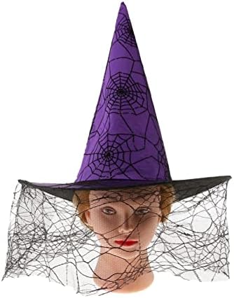 JIXIAN Kadın Kız Cadılar Bayramı Doruğa Kap Peçe Spiderweb Mor Saten Cadı Şapka Parti kostüm Aksesuarı (Renk: Mor)