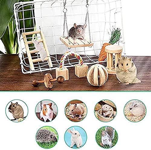 NSWDY Hamster Çiğnemek Oyuncaklar, Set 7 Paketi Doğal Ahşap Hamster Oyuncaklar Dambıl Egzersiz Çan Rulo Diş Bakımı Molar Oyuncak